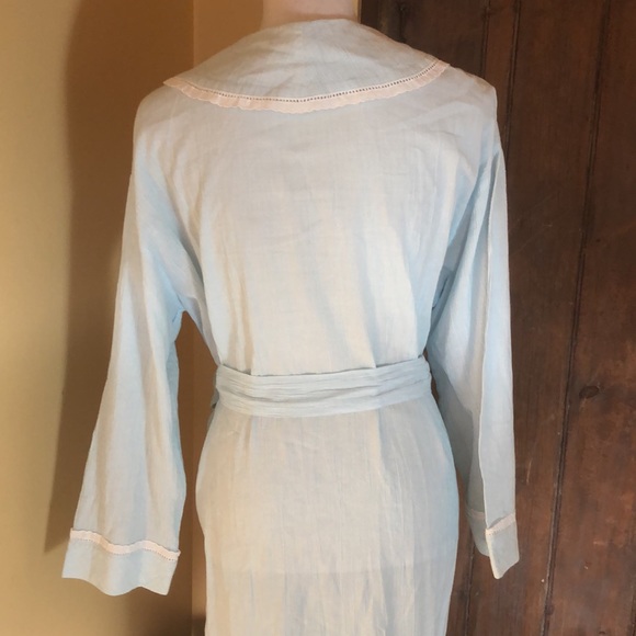 VTG02 EILEEN WEST size Small Cotton Robe LaceTrim Eyelet Stripe Shawl Collar NEW - Picture 16 of 16